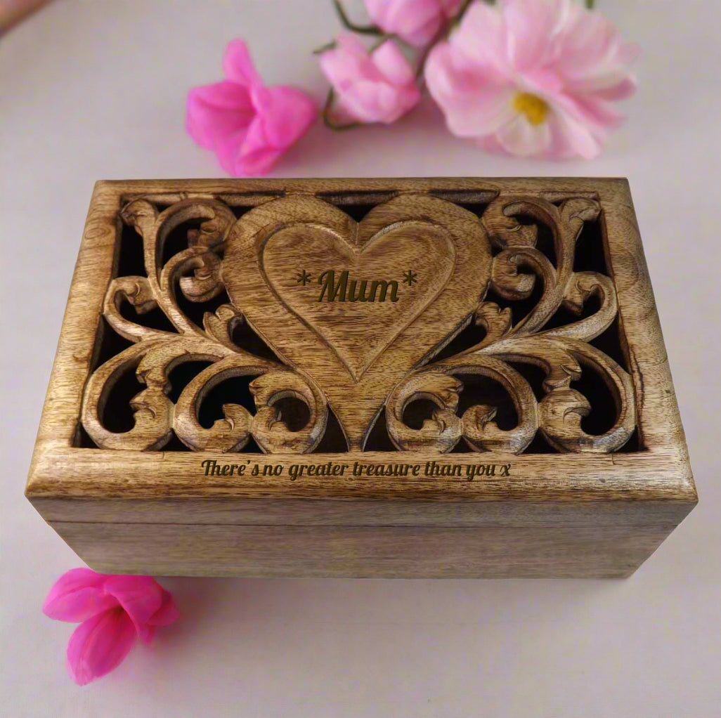 Mother's Day Gift carved wooden box with personalised heart.