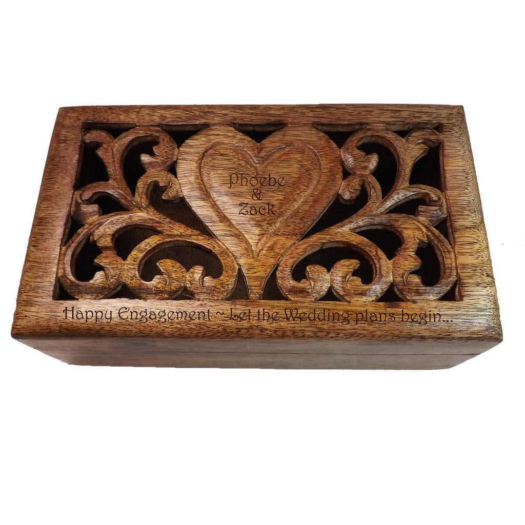 Engagement Gift carved wooden box with personalised heart.