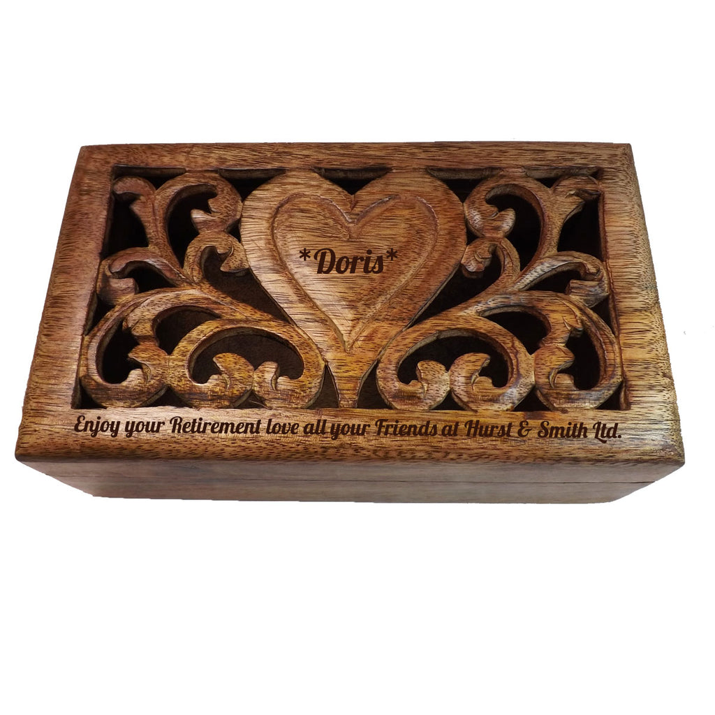 Retirement Gift carved wooden box with personalised heart.