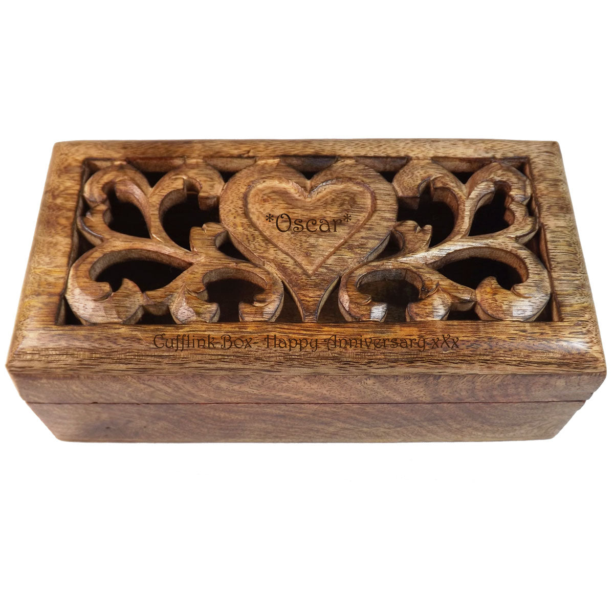 Anniversary Gift carved wooden box with personalised heart.