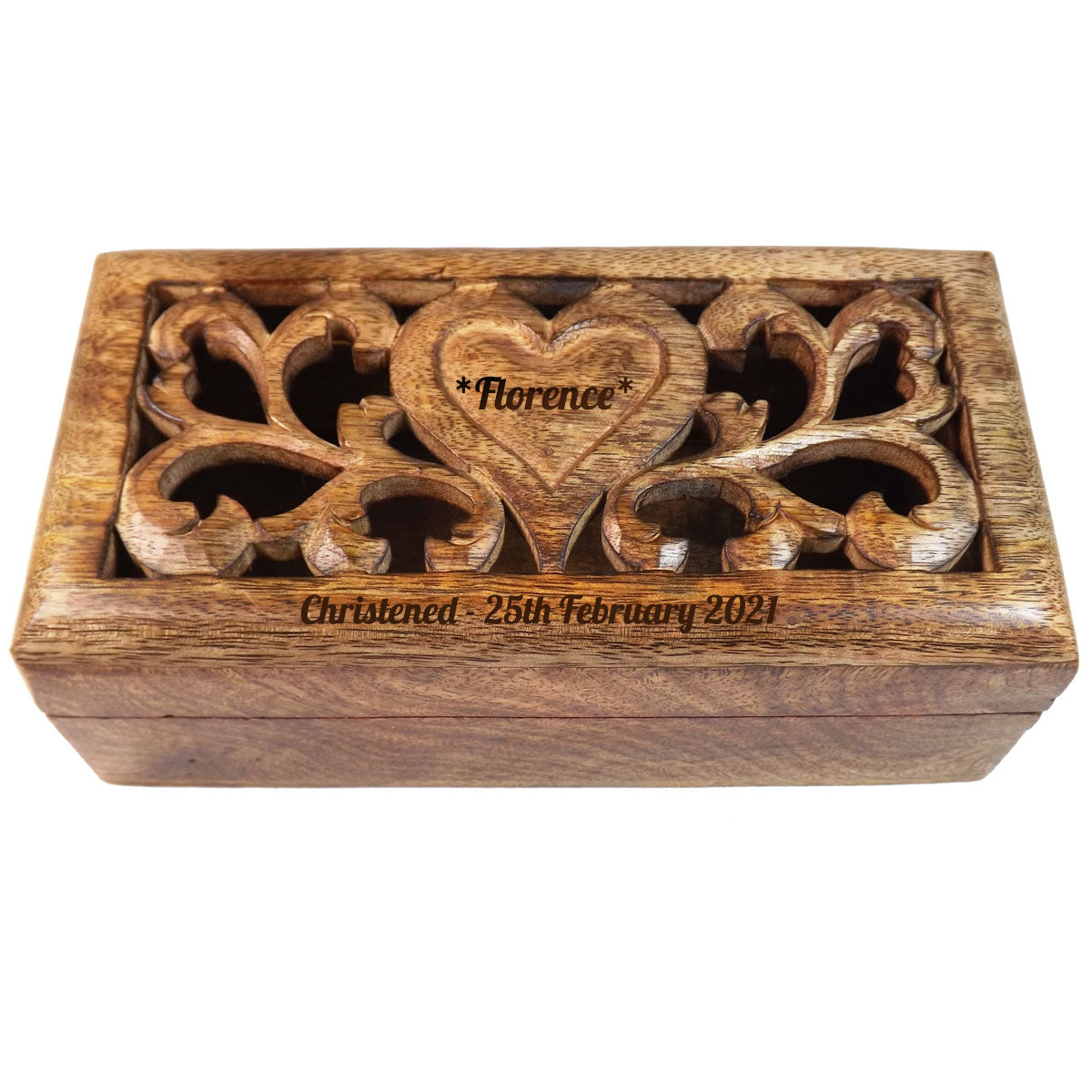 Christening Gift carved wooden box with personalised heart.