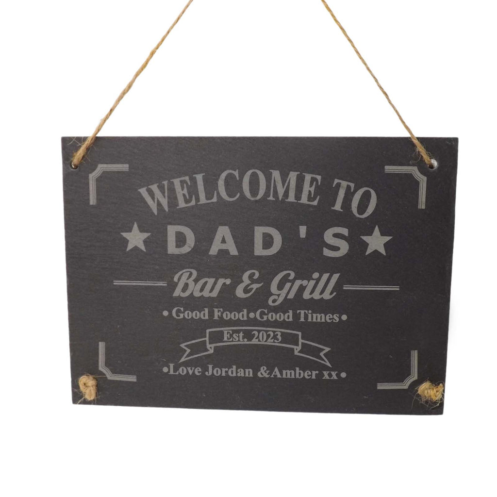 Father's Day Personalised Slate Hanging Garden-Door Sign - 'Bar & Grill'