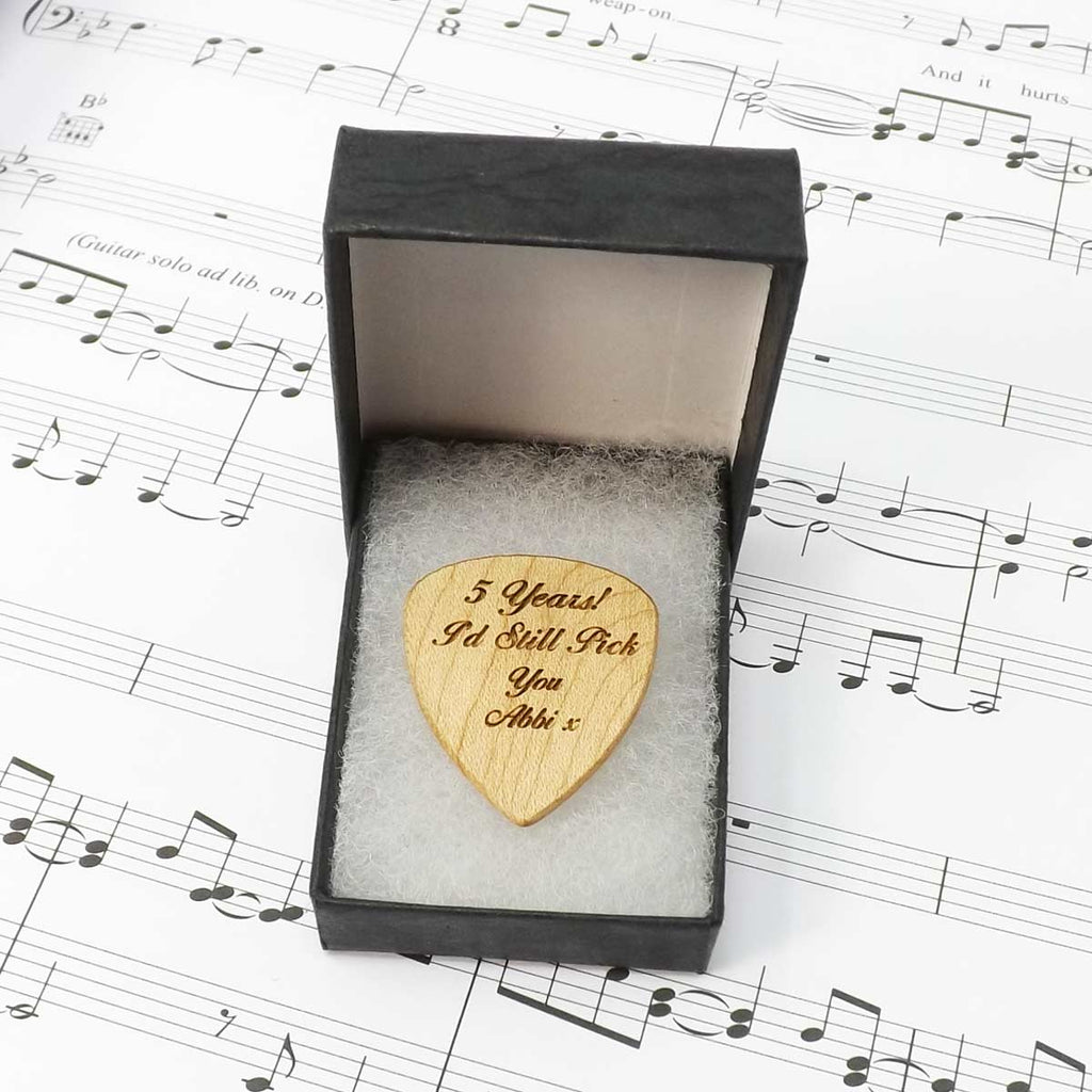 Valentine's Day Wooden Guitar Pick Engraved with your message, gift boxed.