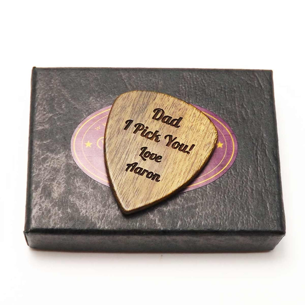 Father’s Day Wooden Guitar Pick Personalised with a name or message.