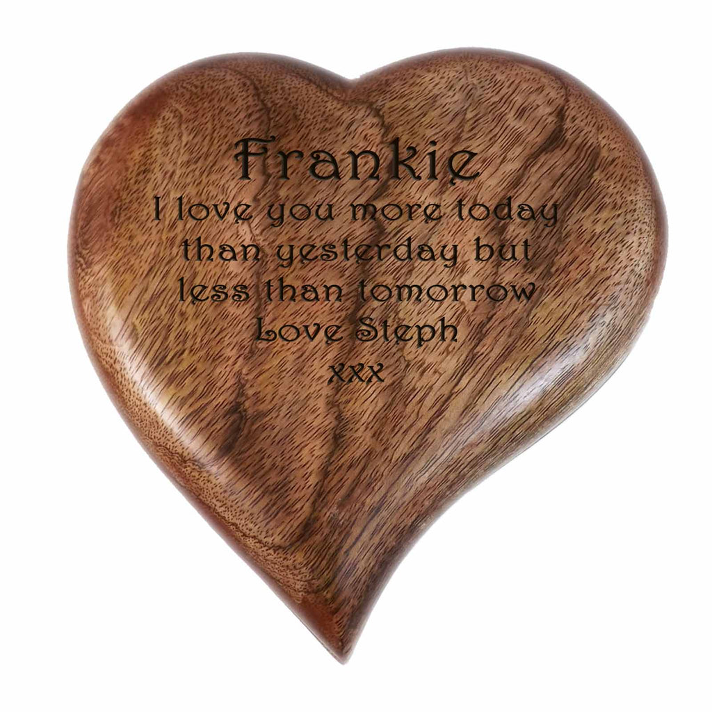 Heart shaped wooden keepsake box personalised with your words ideal Valentine's Day Gift