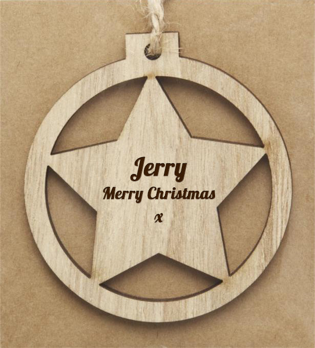 Personalised Wooden Bauble Christmas Star Decoration with your choice of text