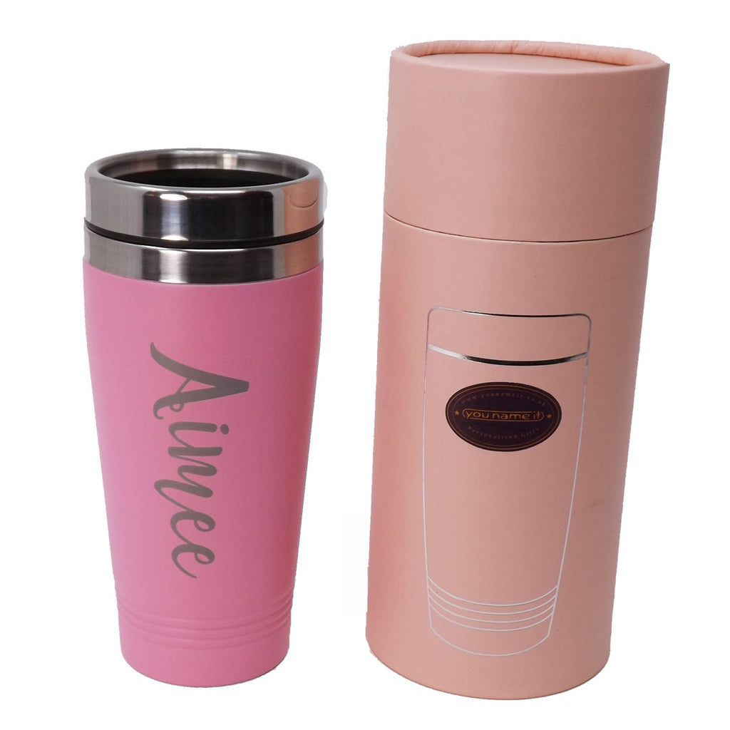 Personalised re-usable Black/Pink thermal Stainless-Steel travel mug. Ideal Anniversary gift