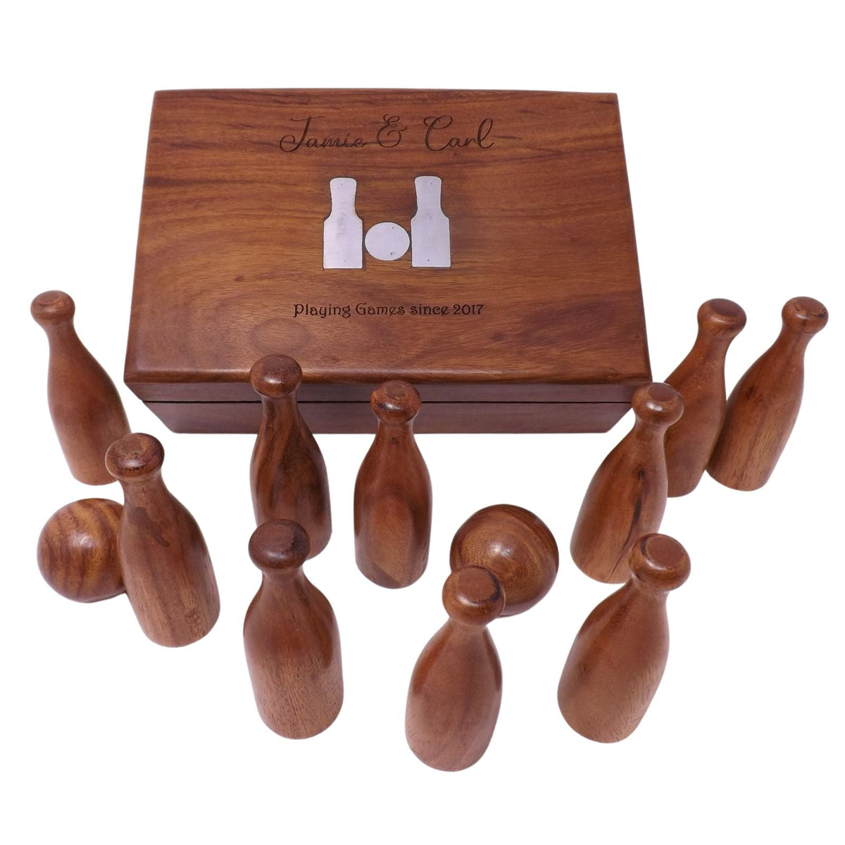 Wooden Skittle Set In a Personalised Wooden Box | Ideal 5th Anniversary Gift