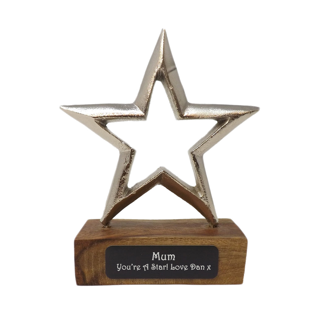 Aluminium Star award & stand with personalised black engraving plate. Ideal Mother's Day Gift.
