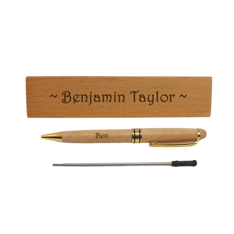 Personalised Wooden Maple Ballpoint Pen and Desk Name Block | Back to School Gift